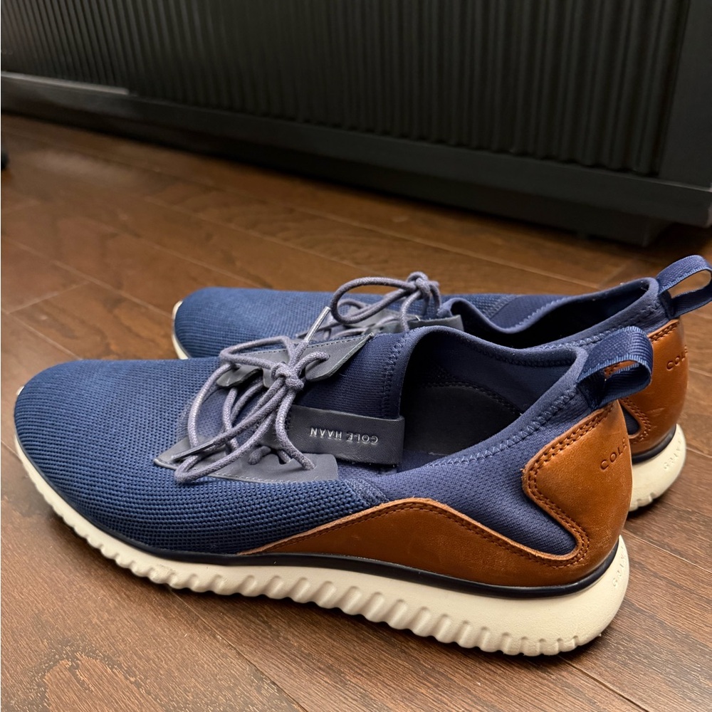 Cole Haan Navy and Brown Knit Leather-Trim Sneaker
